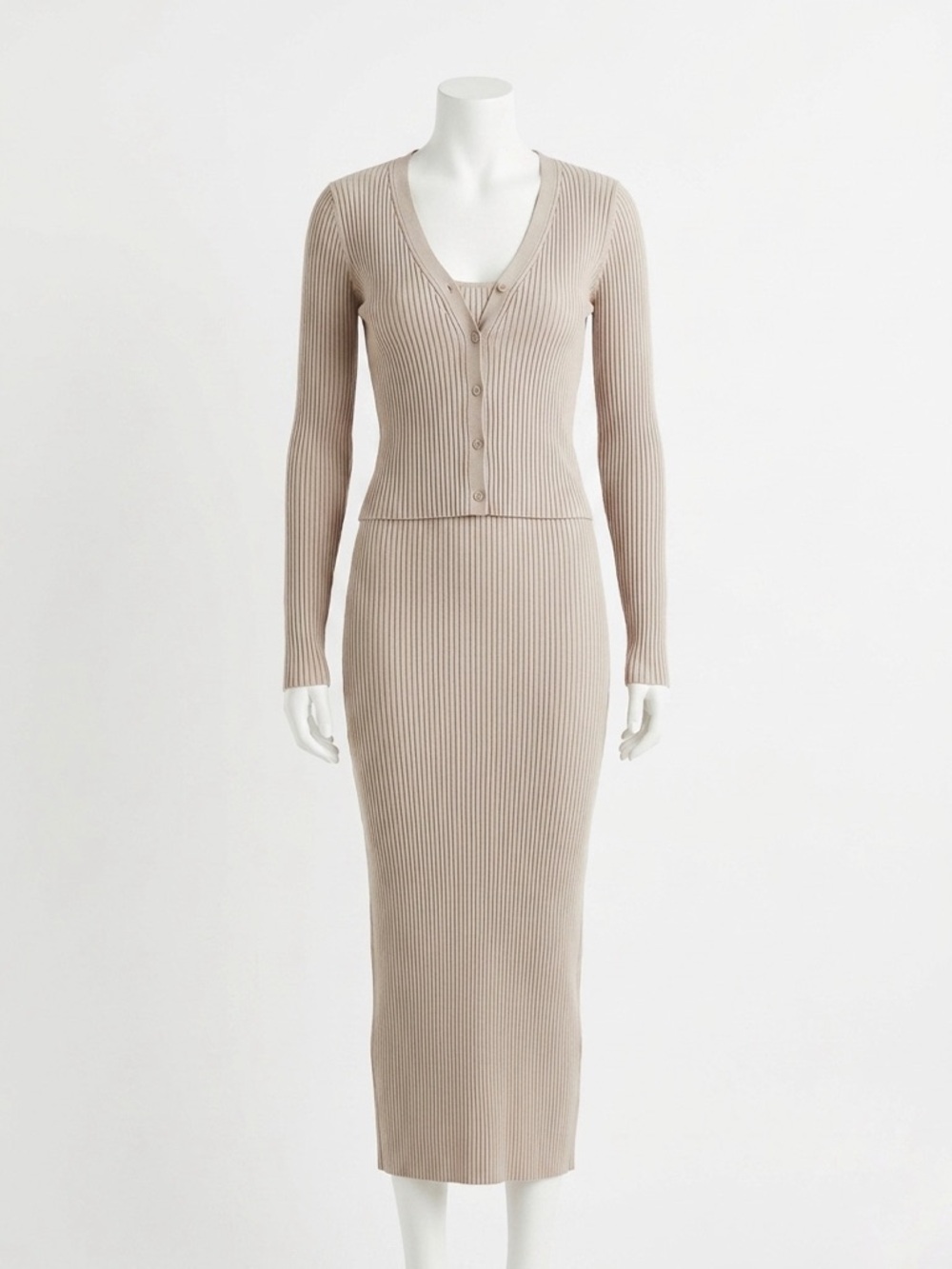H&M Taupe Ribbed Knit Dress and Cardigan Set LivaEco Viscose